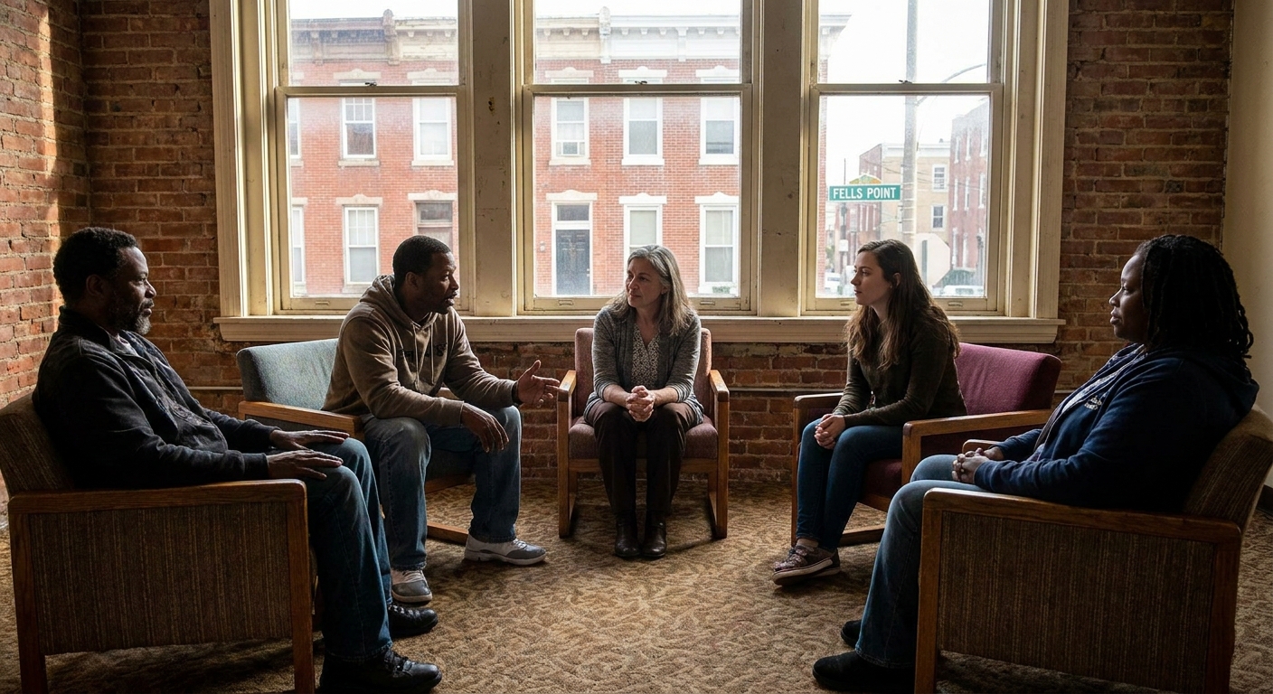 Group therapy session with diverse adults sitting in circle in Baltimore community room with natural lighting